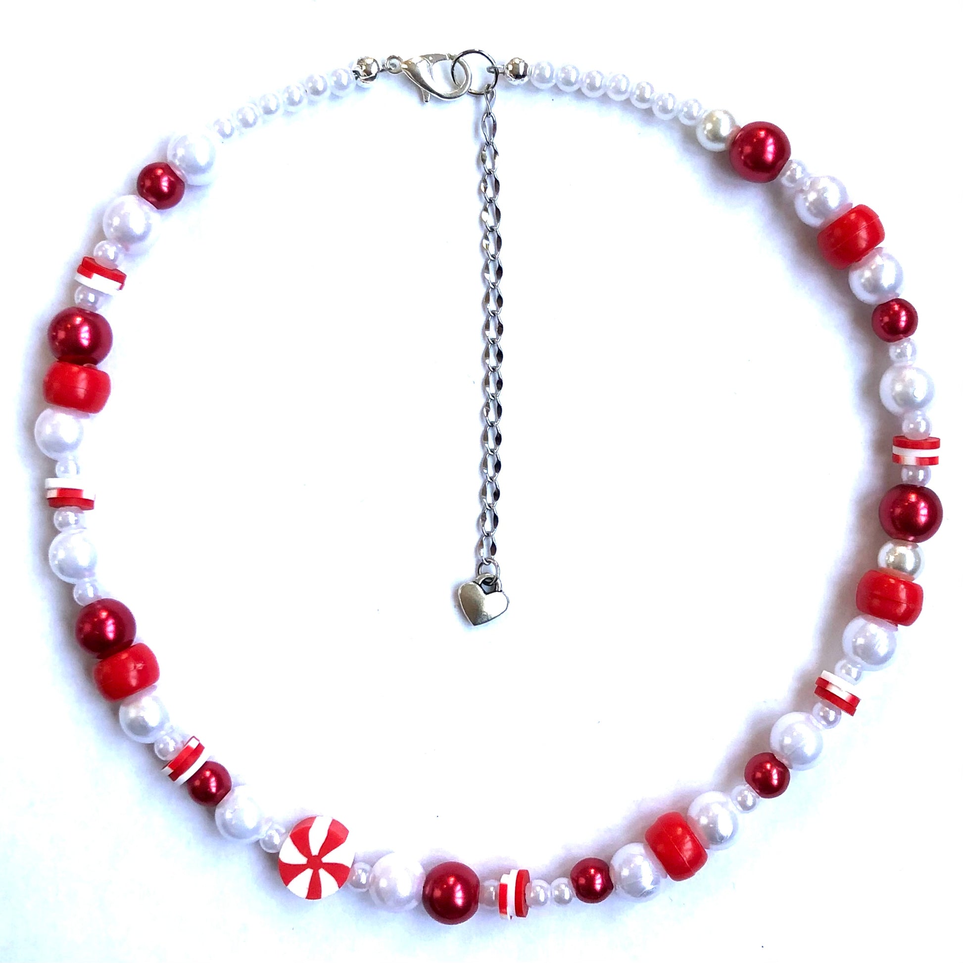 Beaded red peppermint necklace with faux white and red pearls and heishi beads.