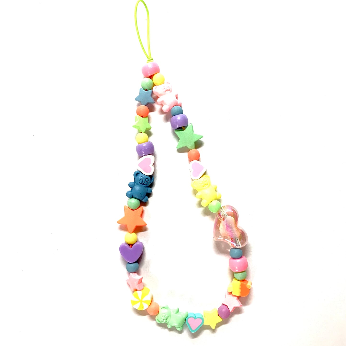 Pastel phone charm featuring teddy bear beads, stars, and a statement heart bead.